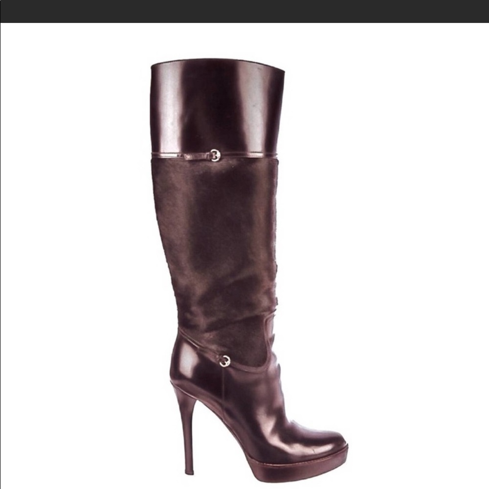 NEW GUCCI Brown Leather & Suede Bonnie Platform Knee High Heeled Boot
